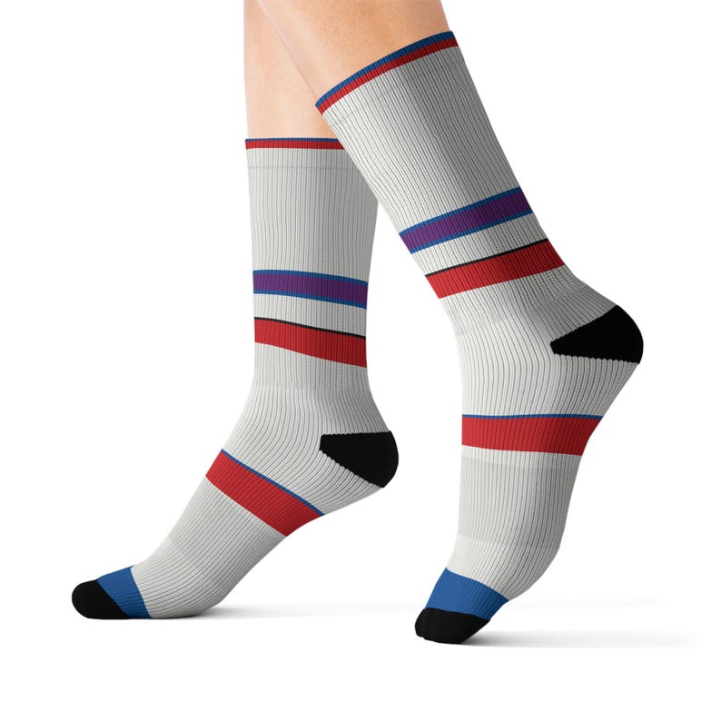Abstract Racing Stripe Socks, Light Blue Violet Red Novelty Dress Socks (Bavarian Three), Motorsport Gift for Him image 2