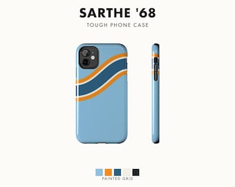 Abstract Racing Stripe Phone Case, Powder Blue Marigold Geometric Cover (Sarthe ’68), Retro Motorsport Gift