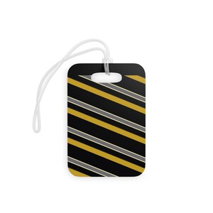 Etichetta per bagaglio con motivo a strisce da corsa astratte, etichetta geometrica nera e oro (Mezzanotte e oro), regalo da viaggio per lui immagine 2