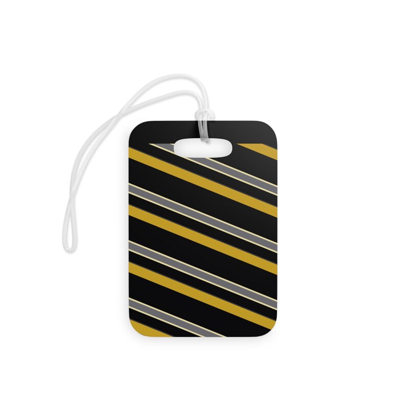 Etichetta per bagaglio con motivo a strisce da corsa astratte, etichetta geometrica nera e oro (Mezzanotte e oro), regalo da viaggio per lui immagine 2