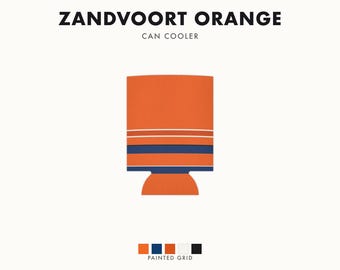 Abstracte blikjeskoeler met racestrepen, oranje diepblauwe geometrische blikjesisolator (Zandvoort Orange), motorsportcadeau