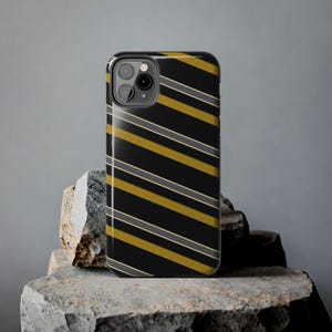 Funda para teléfono con estampado abstracto de rayas de carreras, cubierta geométrica negra y dorada (medianoche y dorado), regalo retro de deportes de motor. imagen 18