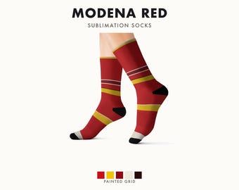 Abstracte racestrepen sokken, rode race-schild sokken met gele accenten (Modena Red), motorsport cadeau voor hem