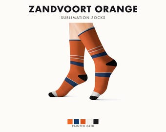 Abstracte racestrepen sokken, oranje diepblauwe novelty sokken (Zandvoort Orange), motorsport cadeau voor hem