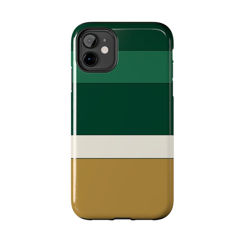 Abstrakcyjne etui na telefon z wyścigowymi paskami, mosiężna geometryczna obudowa w kolorze British Racing Green (Brooklands Green), prezent w stylu retro Motorsport zdjęcie 3