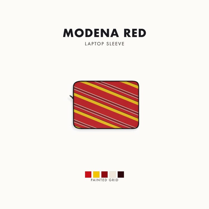 Abstracte laptophoes met racestrepen, rode race-schild en gele geometrische laptophoes (Modena Red), cadeau voor autoliefhebbers afbeelding 1