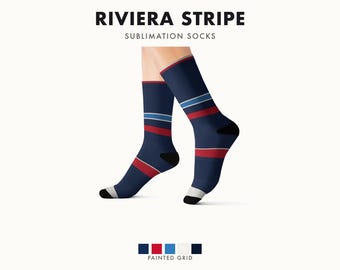 Abstract Racing Stripe Socks, Navy Azure Signal Red Novelty Dress Socks (Riviera Stripe), Motorsport Gift for Him