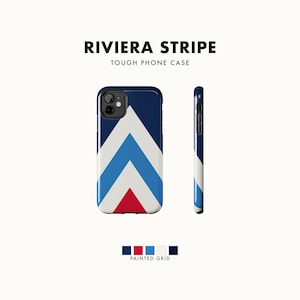 Abstract Racing Stripe Phone Case, Navy Azure Signal Red Geometric Cover (Riviera Stripe), Retro Motorsport Gift
