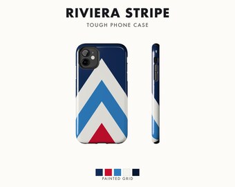 Abstract Racing Stripe Phone Case, Navy Azure Signal Red Geometric Cover (Riviera Stripe), Retro Motorsport Gift
