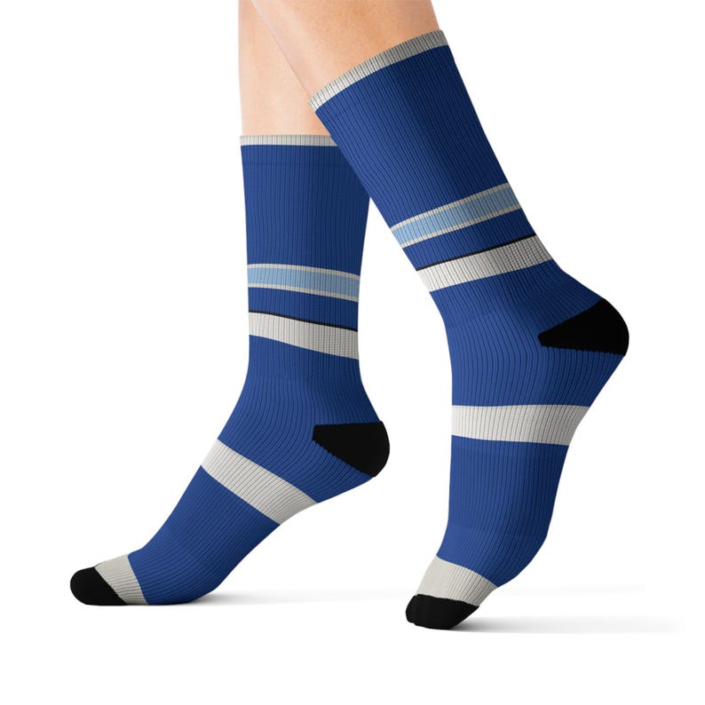 Abstract Racing Stripe Socks, French Racing Blue Bone Novelty Dress Socks (Reims Blue), Motorsport Gift for Him image 2
