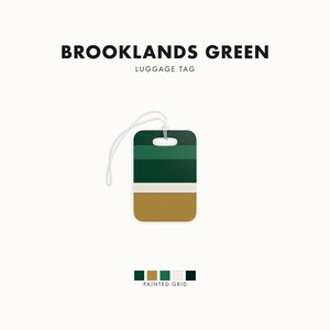 Abstract Racing Stripe Luggage Tag, British Racing Green Brass Geometric Bag Tag (Brooklands Green), Travel Gift for Him image 1