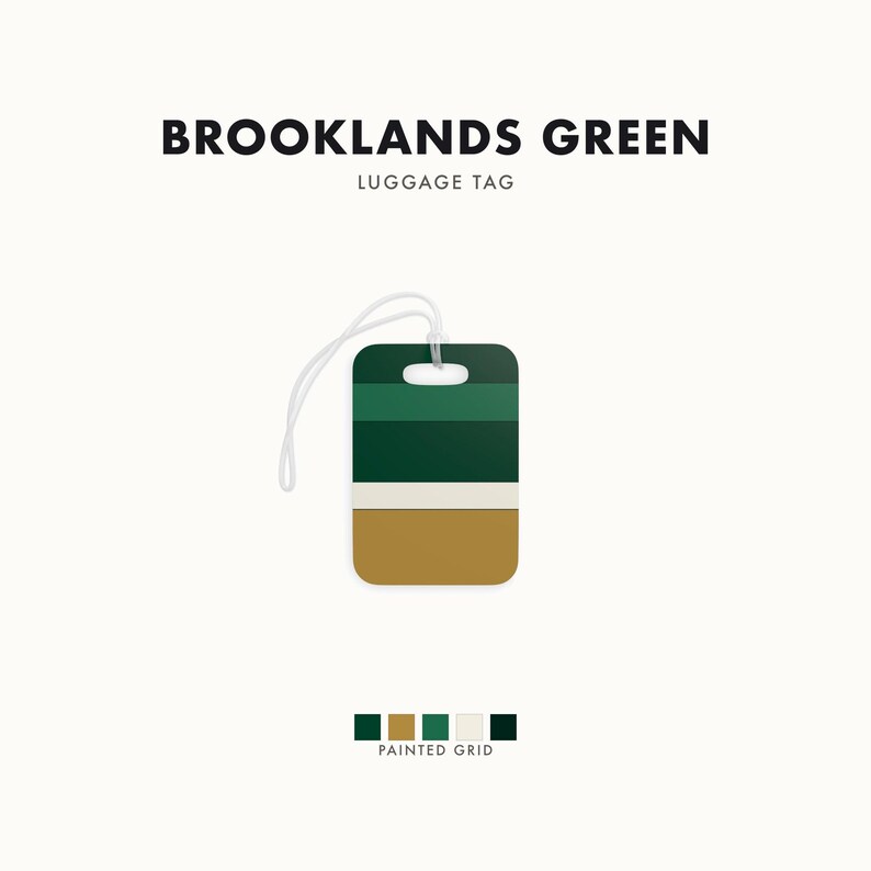 Abstract Racing Stripe Luggage Tag, British Racing Green Brass Geometric Bag Tag (Brooklands Green), Travel Gift for Him image 1
