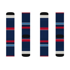 Abstract Racing Stripe Socks, Navy Azure Signal Red Novelty Dress Socks (Riviera Stripe), Motorsport Gift for Him image 7