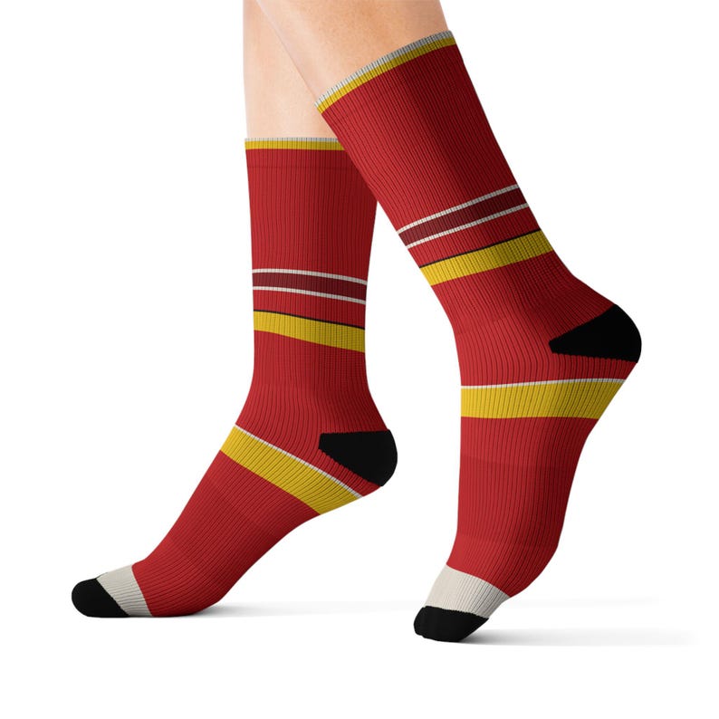 Abstract Racing Stripe Socks, Racing Red Shield Yellow Novelty Dress Socks (Modena Red), Motorsport Gift for Him image 6