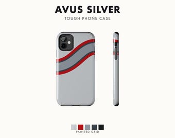 Abstracte racestreep telefoonhoes, zilveren race- en rode geometrische cover (Avus Silver), retro motorsport cadeau