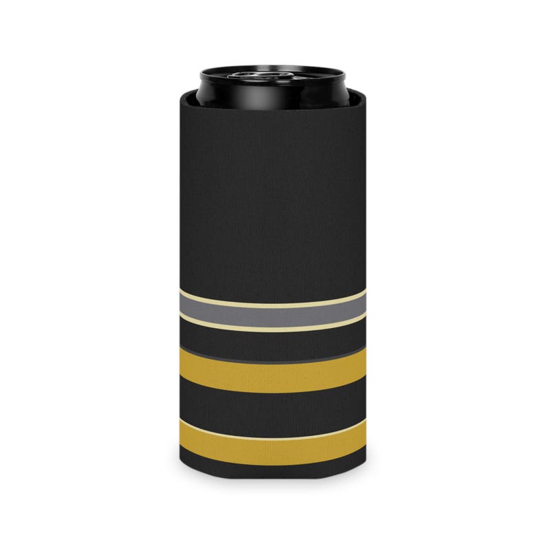Abstract Racing Stripe Can Cooler, Black Gold Geometric Can Insulator (Midnight and Gold), Motorsport Gift image 9