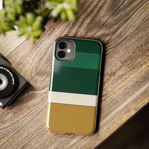 Abstrakcyjne etui na telefon z wyścigowymi paskami, mosiężna geometryczna obudowa w kolorze British Racing Green (Brooklands Green), prezent w stylu retro Motorsport zdjęcie 7