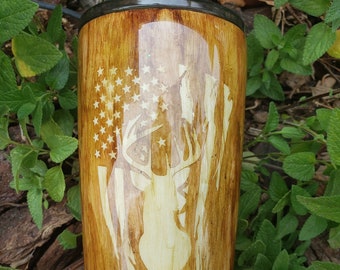 American Flag Buck Tumbler: Wood Grain Hunter Gift