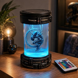 May include: A cylindrical lamp featuring a dark, mechanical-style base and top with a clear glass centre containing a dark, detailed creature figurine. The lamp emits a bright blue light and includes a small remote control with multiple colour buttons.