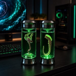 May include: Two cylindrical glass display containers with metallic silver caps and bases, each filled with a vibrant green liquid. Inside the left container is a tan facehugger specimen, while the right container holds a tan chestburster creature.