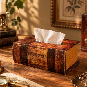 May include: A rectangular tissue box cover designed to resemble an antique book with a distressed brown and gold finish. The spine features the text "PHYTOGRAPHIA GURIOSA" in black lettering. A white tissue protrudes from the top opening.