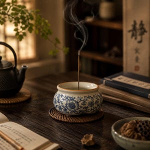 May include: A round ceramic incense burner with a white base and blue floral patterns. A single incense stick stands upright in the centre, emitting a thin trail of smoke. The burner rests on a circular woven mat, featuring a smooth, glazed finish.