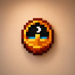 Op de afbeelding: Een cirkelvormige pixel art wanddecoratie met een donkerbruine buitenrand, een feloranje middelste ring en een zwart middenstuk met een witte halve maan boven een horizontale blauwe lijn die een horizon voorstelt.