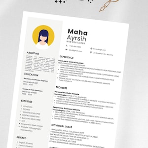May include: A professional resume template featuring the word RESUME at the top with a quill icon. The document includes sections for About Me, Experience, Projects, Expertise, Technical Skills, and Certificates, with a circular profile photo.