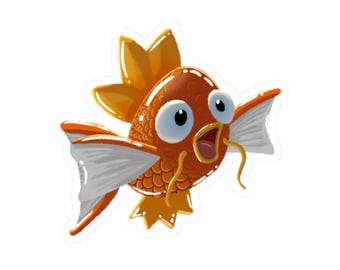 Puede incluir: Una pegatina troquelada que muestra un pez naranja estilizado con grandes ojos blancos, la boca muy abierta y largos barbillones amarillos. El pez tiene una prominente aleta dorsal naranja, aletas pectorales gris claro y escamas.