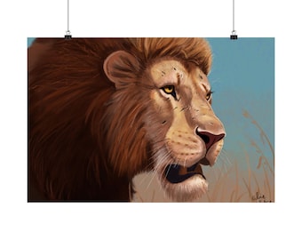 Puede incluir: Una ilustración digital de un león de perfil, con una melena espesa de color marrón oscuro, ojos dorados y una cara de color tostado con bigotes visibles. El león se sitúa sobre un cielo azul claro y hierba alta y seca.