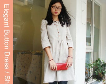 Elegant classic button linen Dress / Shirt,Japanese style, PDF digital sewing pattern - Instant download -