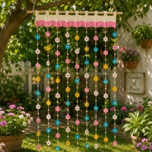 May include: A hanging wall decoration featuring a cream and pink crocheted top valance suspended from a wooden rod. Ten vertical strands hang from the valance, each adorned with small, colorful crocheted flowers in blue, yellow, pink, and white.