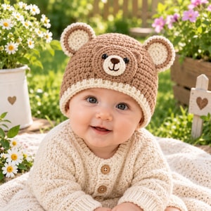 Puede incluir: Un gorro de ganchillo marrón con diseño de cara de oso, dos orejas redondas, un hocico color crema y ojos oscuros. El gorro tiene un borde acanalado color crema y se lleva con un suéter de punto de manga larga con botones color crema.