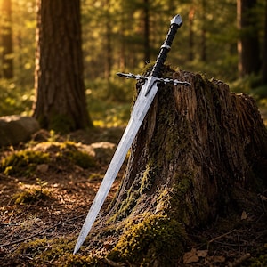 May include: A long, double-edged steel sword with a pointed tip, a cross-shaped guard with decorative metal spikes, and a black, textured cylindrical grip topped with a metallic pommel, resting against a weathered, moss-covered tree stump.