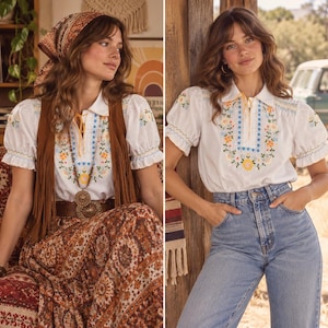 Vintage BOHO Folkbroderad blus för kvinnor