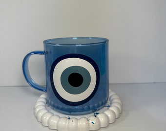 Evil Eye Blue Glass Mug | Round Bubble Blue Foil Bubble Tray Set