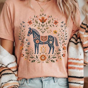 Horse T-shirt, Dala Horse Pattern, Scandinavian Folk Art, Botanical shirt, Folk art gifts, Back to school