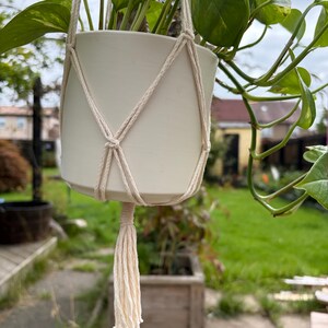 May include: A matte off-white ceramic plant pot held by a cream-coloured macrame cord hanger. The hanger features a knotted net design that cradles the cylindrical pot and ends in a single decorative tassel hanging from the centre of the base.