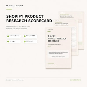 Może przedstawiać: Zestaw dokumentów cyfrowych Shopify Product Research Scorecard od LY Digital Studio. Strony zawierają ustrukturyzowane ramy badawcze i punktacyjne, w tym sekcje dotyczące analizy konkurencji i walidacji rynku, w formacie A4.