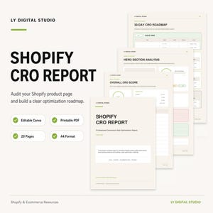 May include: A Shopify CRO report document set by LY Digital Studio featuring 20 pages in A4 format. The document includes sections for a 30-day CRO roadmap, hero section analysis, and overall CRO score, presented in a clean, professional layout.
