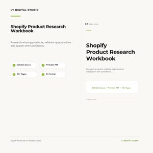 Può includere: Un manuale di ricerca prodotti Shopify di LY Digital Studio. Il testo include 'Research winning products, validate opportunities and launch with confidence', 'Editable Canva', 'Printable PDF', '30+ Pages' e 'A4 Format'.