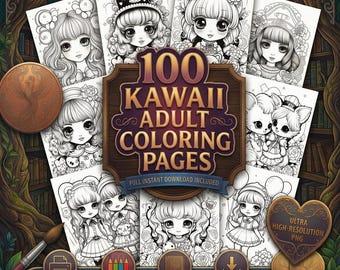 Pode incluir: Uma coleção digital de 100 páginas para colorir Kawaii para adultos com desenhos de linhas em preto e branco de personagens com olhos grandes e roupas detalhadas. O texto central diz 100 Kawaii Adult Coloring Pages, com ícones de impressão.