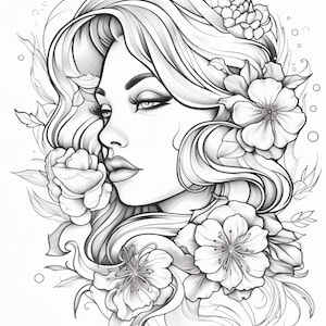Pode incluir: Uma ilustra&ccedil;&atilde;o de arte linear em preto e branco apresentando uma vista de perfil de uma pessoa com cabelos longos e fluidos adornados com v&aacute;rias flores grandes e detalhadas e folhas. A arte usa espessuras de linha variadas para profundidade.