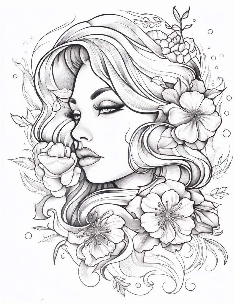 Pode incluir: Uma ilustra&ccedil;&atilde;o de arte linear em preto e branco apresentando uma vista de perfil de uma pessoa com cabelos longos e fluidos adornados com v&aacute;rias flores grandes e detalhadas e folhas. A arte usa espessuras de linha variadas para profundidade.