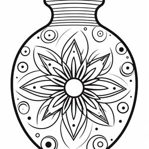 Pode incluir: Uma ilustra&ccedil;&atilde;o de arte linear em preto e branco de um vaso arredondado com um grande motivo floral central de p&eacute;talas pontiagudas. O pesco&ccedil;o do vaso tem detalhes de linhas horizontais e o corpo &eacute; decorado com pequenos c&iacute;rculos e pontos.