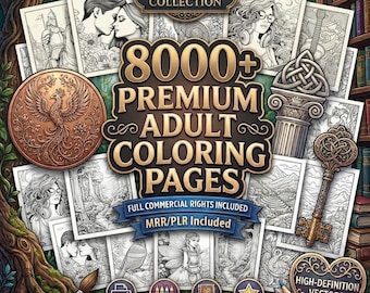 Pode incluir: Uma coleção digital de mais de 8000 páginas premium para colorir para adultos com diversas ilustrações em preto e branco, um medalhão de fênix de bronze, uma chave decorativa e um emblema em forma de coração, com textos e lápis de cor.