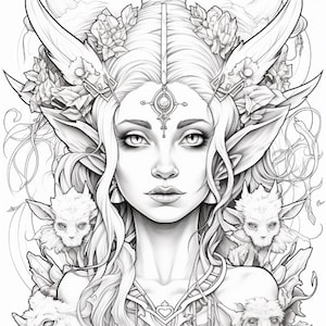 Pode incluir: Uma ilustra&ccedil;&atilde;o de arte linear em preto e branco apresentando uma figura central com orelhas pontudas, uma coroa e um ornamento na testa. A figura &eacute; cercada por elementos florais, asas e quatro pequenos rostos de criaturas peludas.