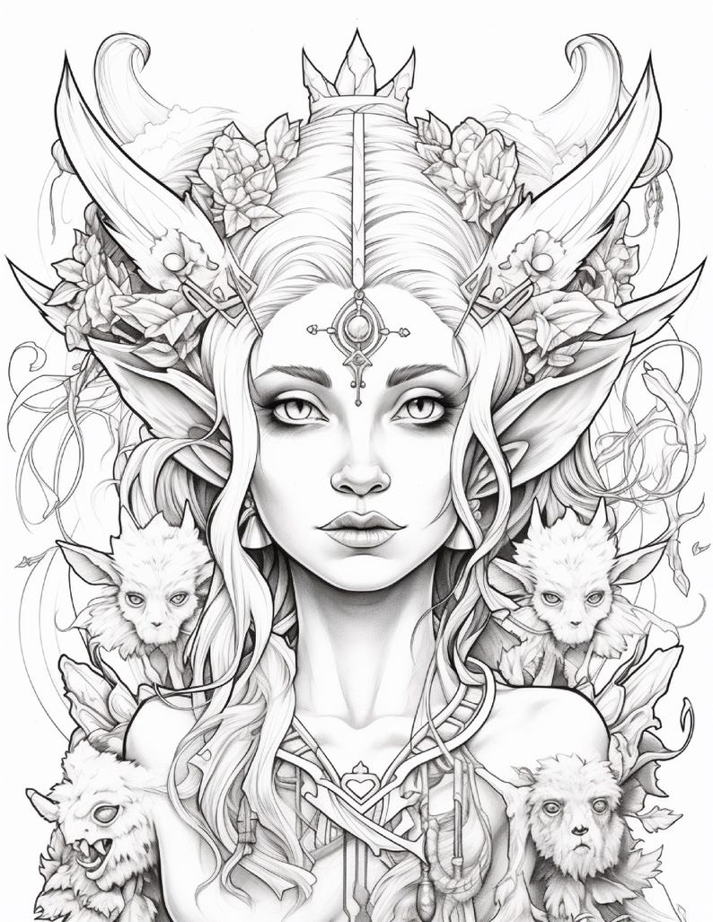 Pode incluir: Uma ilustra&ccedil;&atilde;o de arte linear em preto e branco apresentando uma figura central com orelhas pontudas, uma coroa e um ornamento na testa. A figura &eacute; cercada por elementos florais, asas e quatro pequenos rostos de criaturas peludas.