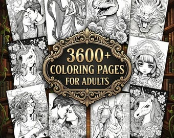 Pode incluir: Uma coleção de 3600+ páginas para colorir para adultos com ilustrações em preto e branco de pessoas, unicórnios, um dinossauro, um dragão e um cavaleiro, centradas em uma moldura dourada decorativa com o texto 3600+ coloring pages for adults.