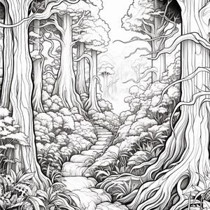 Pode incluir: Uma ilustra&ccedil;&atilde;o de arte linear em preto e branco retratando uma cena de floresta densa com &aacute;rvores altas de troncos grossos emoldurando um caminho de pedra central que serpenteia para cima atrav&eacute;s de folhagem detalhada e densa.